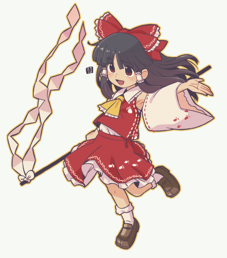 1girl :d ascot black_shoes bow detached_sleeves frills full_body gohei hair_bow hair_tubes hakurei_reimu holding holding_gohei japanese_clothes loafers long_hair mawaru_(mawaru) miko open_mouth outline red_bow red_eyes shoes sidelocks simple_background skirt smile socks solo touhou unfinished_dream_of_all_living_ghost white_background yellow_ascot yellow_outline