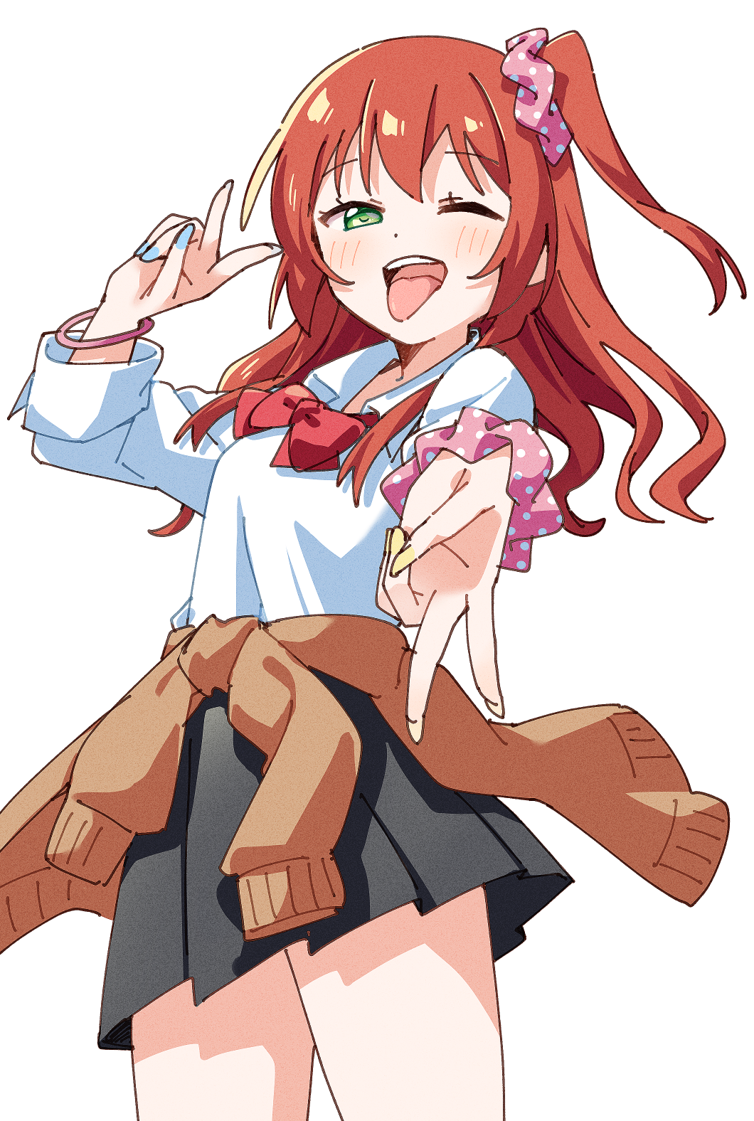 1girl black_skirt blue_nails blush bocchi_the_rock! bow bowtie bracelet brown_sweater clothes_around_waist collared_shirt commentary_request cowboy_shot dot_nose double_v green_eyes gyaru gyaru_v hair_ornament hair_scrunchie hand_up haru_(konomi_150) highres jewelry kita_ikuyo long_hair long_sleeves nail_polish one_eye_closed one_side_up outstretched_arm pink_scrunchie pleated_skirt red_bow red_bowtie red_hair scrunchie shirt simple_background skirt solo sweater teeth tongue tongue_out upper_teeth_only v white_background white_shirt wrist_scrunchie yellow_nails