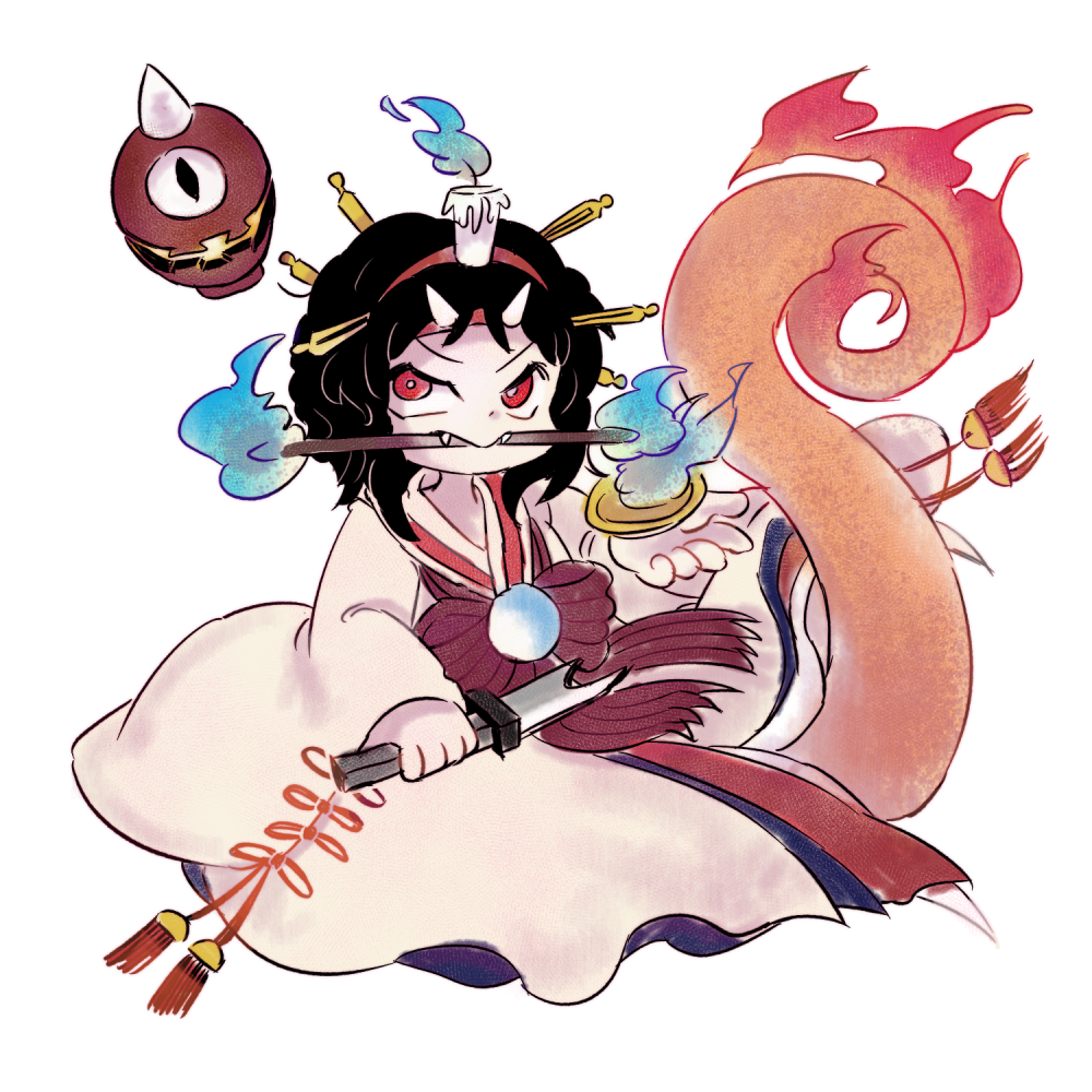 1other black_hair blue_fire bow bright_pupils burabura candle_on_head chikafumikou closed_mouth commentary_request cup dagger fangs fangs_out fire frown full_body ghost_tail hair_ornament hairband hairpin holding holding_cup holding_dagger holding_knife holding_weapon japanese_clothes kimono knife len&#039;en long_sleeves looking_at_viewer medium_hair mouth_hold multiple_hairpins other_focus red_bow red_eyes red_hairband red_ribbon ribbon simple_background sleeve_ribbon solo stick striped_bow taira_no_chouki tassel tsurime v-shaped_eyebrows waist_bow weapon white_background white_kimono white_pupils wide_sleeves