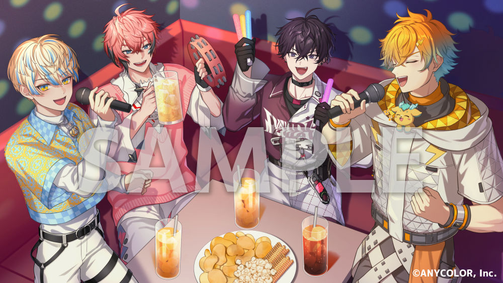 4boys :d ahoge akagi_wen akagi_wen_(1st_costume) alcohol antenna_hair aqua_hair bandaid bandaid_on_cheek bandaid_on_face beer beer_mug belt belt_buckle belt_pouch black_belt black_choker black_gloves black_hair black_shirt blonde_hair blue_eyes blue_hair blue_shirt blush bracelet buckle choker clenched_hand closed_eyes collared_shirt commentary_request company_name copyright_notice crossed_bangs cup drink drinking_straw ear_piercing earrings fangs fingerless_gloves gloves glowstick gradient_hair grey_jacket hair_between_eyes hair_ornament hand_up hands_up hibachi_mana hibachi_mana_(1st_costume) holding holding_cup holding_glowstick holding_microphone hood hood_down hooded_jacket indoors instrument jacket jewelry karaoke layered_sleeves lightning_bolt lightning_bolt_hair_ornament lightning_bolt_symbol long_sleeves looking_at_viewer male_focus merasugi microphone mug multicolored_eyes multicolored_hair multicolored_shirt multiple_boys music necklace nijisanji official_art open_mouth orange_hair oriens_(nijisanji) pants piercing pink_hair pink_sweater_vest pouch print_shirt purple_eyes purple_shirt safety_pin saiki_ittetsu saiki_ittetsu_(1st_costume) sample_watermark sharp_teeth shirt short_hair short_over_long_sleeves short_sleeves shorts singing single_glove sitting smile standing streaked_hair sweater_vest table tambourine teeth turtleneck two-tone_eyes undershirt usami_rito usami_rito_(1st_costume) v-shaped_eyebrows virtual_youtuber watermark white_jacket white_pants white_shirt white_shorts wristband yellow_eyes yellow_shirt