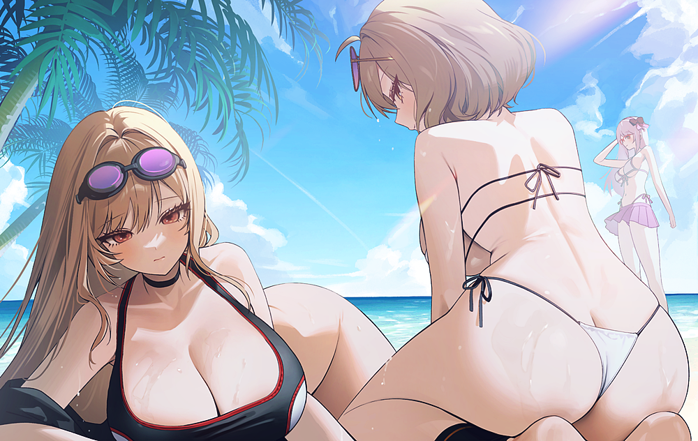 3girls anis_(nikke) anis_(sparkling_summer)_(nikke) ass bad_id bad_pixiv_id beach bikini black_one-piece_swimsuit blue_sky breasts brown_hair butt_crack cleavage commentary day eyewear_on_head goddess_of_victory:_nikke goggles goggles_on_head large_breasts looking_at_viewer multiple_girls neon_(blue_ocean)_(nikke) neon_(nikke) ocean official_alternate_costume one-piece_swimsuit outdoors rapi_(classic_vacation)_(nikke) rapi_(nikke) red_eyes sky sunglasses sunlight swimsuit tree white_bikini zhu_yin_(mannermana)