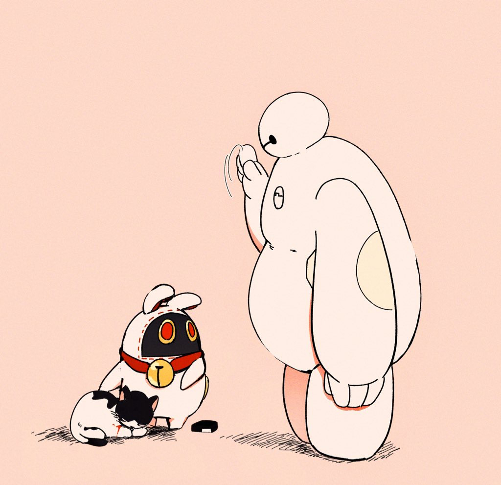 3others animal bangboo_(zenless_zone_zero) baymax big_hero_6 cat cream_background crossover luckyboo_(zenless_zone_zero) morotomo_(moromoro_03) multiple_others simple_background translation_request zenless_zone_zero