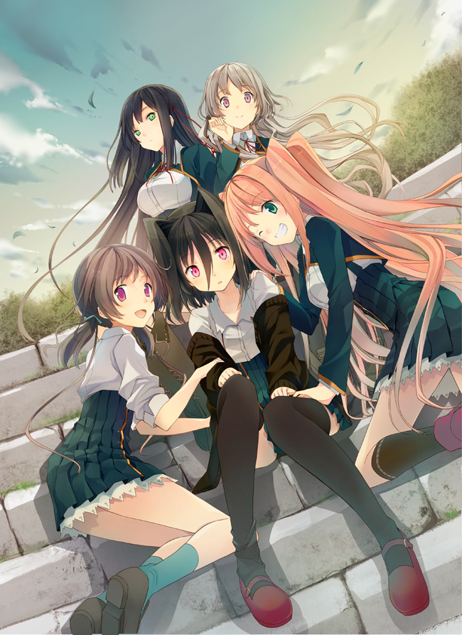 10s 5girls aomi_isara black_hair brown_hair green_eyes hair_intakes hair_ornament ikawa_waki kiba_mifuyu koi_to_senkyo_to_chocolate long_hair mary_janes morishita_michiru multiple_girls orange_hair purple_eyes red_eyes school_uniform shinonome_satsuki shoes sitting sitting_on_stairs skirt sleeves_pushed_up smile stairs sumiyoshi_chisato thighhighs twintails