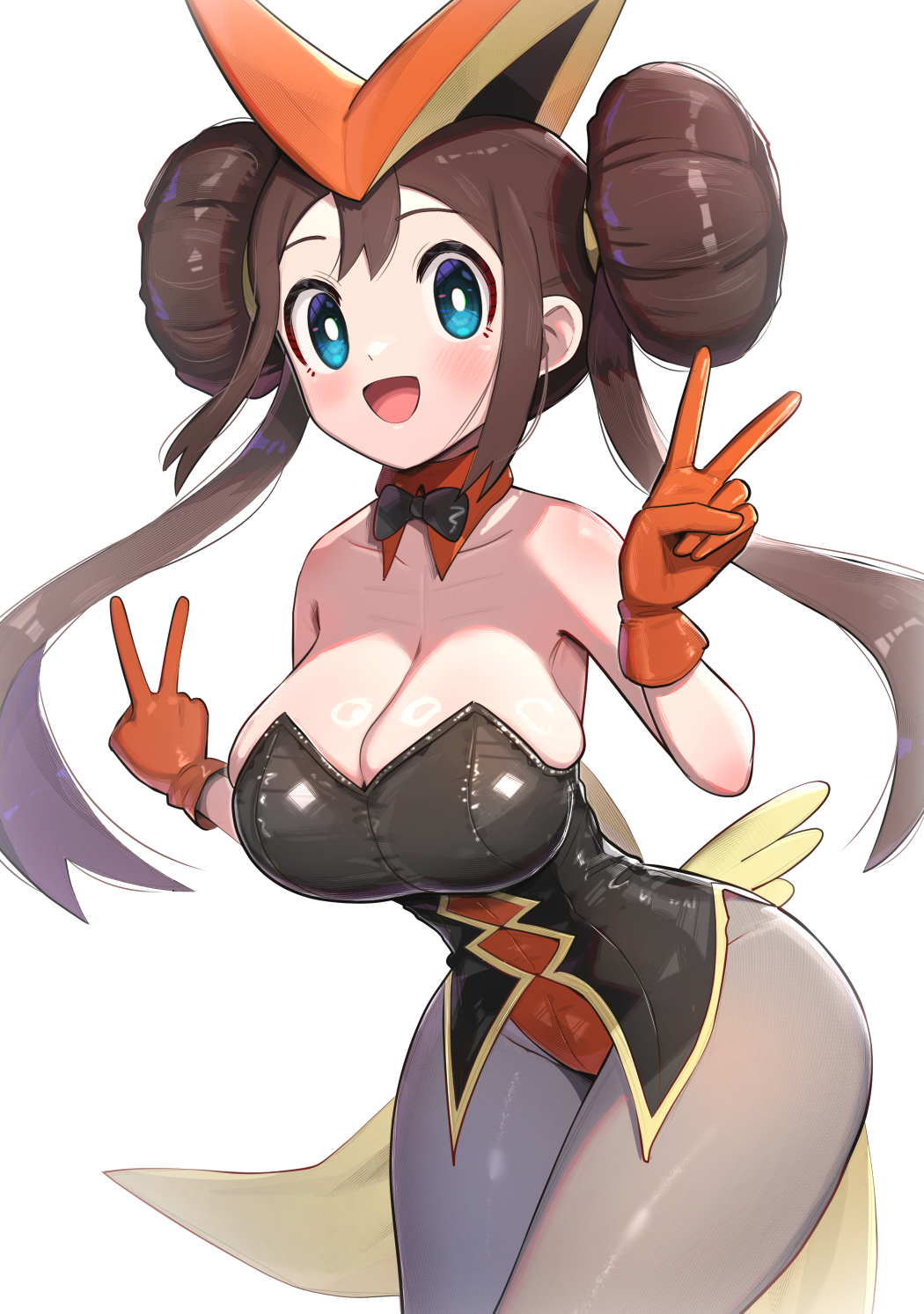 1girl alternate_costume bare_shoulders black_leotard blue_eyes breasts collarbone cosplay cowboy_shot detached_collar donut_hair_bun double_v gen_5_pokemon gloves gonzarez grey_pantyhose hair_bun highres large_breasts legendary_pokemon leotard looking_at_viewer mythical_pokemon necktie nintendo orange_gloves orange_leotard pantyhose playboy_bunny playboy_pokemon pokemon pokemon_bw2 rosa_(pokemon) simple_background solo v victini victini_(cosplay) white_background