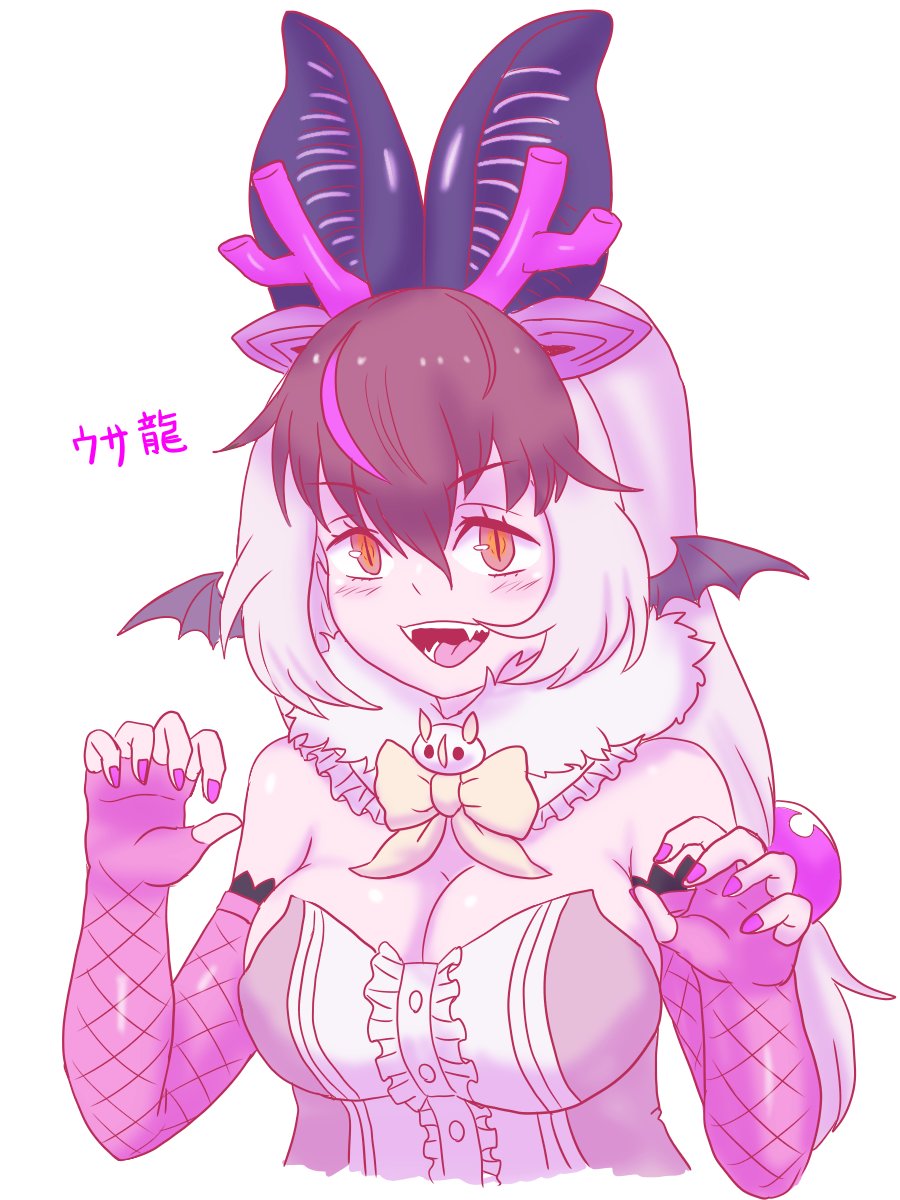 1girl adansosutega animal_ears asutega bat_ears bat_girl bat_wings breasts brown_eyes brown_hair brown_long-eared_bat_(kemono_friends) cleavage dragon_horns elbow_gloves extra_ears fang fingerless_gloves gloves grey_hair highres horns kemono_friends kemono_friends_v_project large_breasts leotard long_hair looking_at_viewer microphone multicolored_hair nail_polish simple_background solo streaked_hair upper_body virtual_youtuber wings