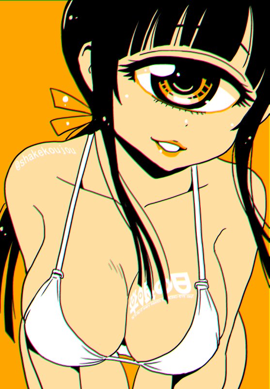 1girl bent_over bikini blunt_bangs breasts chromatic_aberration commentary_request cyclops female_focus hitomi_sensei_no_hokenshitsu large_breasts long_hair looking_at_viewer manaka_hitomi one-eyed one-hour_drawing_challenge orange_background parted_lips shake-o simple_background smile solo swimsuit twitter_username white_bikini