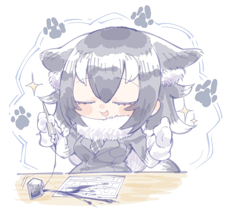 1girl animal_ears black_hair blush closed_eyes failure fur_collar gloves grey_wolf_(kemono_friends) holding ink inkwell kemono_friends long_hair long_sleeves manga_(object) multicolored_hair necktie nib_pen_(object) notora pen smile smug solo spill tail two-tone_hair wolf_ears wolf_girl wolf_tail