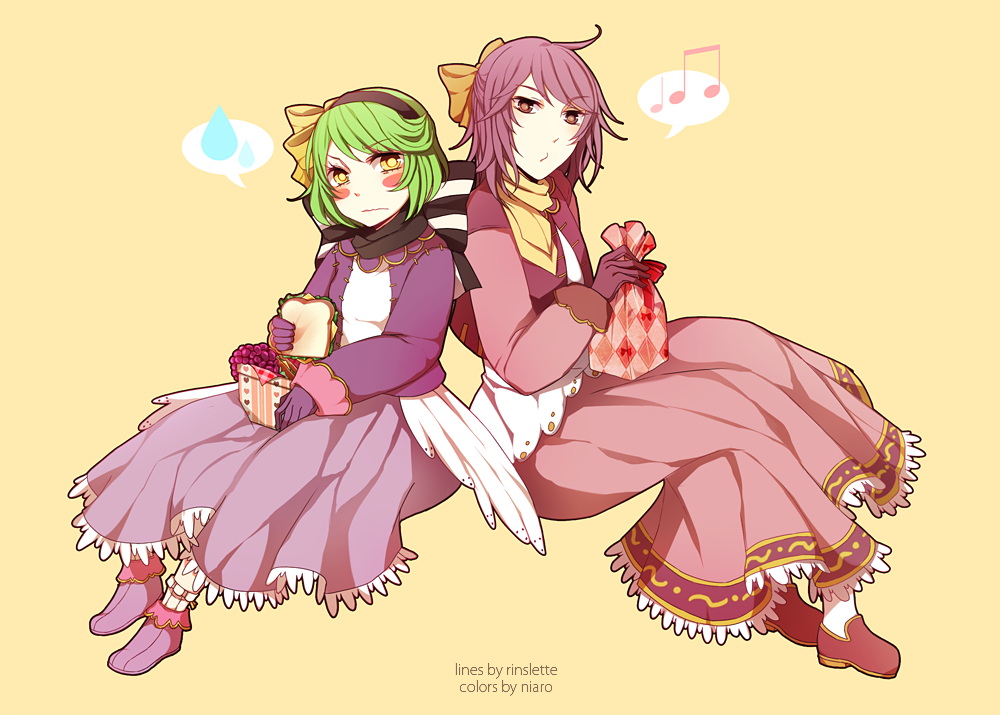 2girls blush_stickers bow brown_eyes brown_shoes closed_mouth commentary commentary_request english_commentary expressionless food frilled_skirt frills full_body gloves green_hair hair_bow holding holding_food jacket long_sleeves looking_at_viewer merchant_(ragnarok_online) multiple_girls musical_note orange_bow purple_gloves purple_hair purple_jacket purple_shoes purple_skirt ragnarok_online rinslette sandwich shirt shoes short_hair simple_background sitting skirt socks spoken_musical_note spoken_sweatdrop sweatdrop white_shirt white_socks yellow_background yellow_eyes