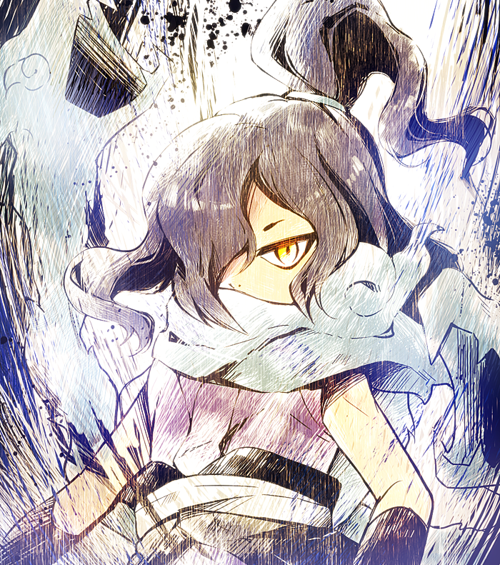 10s 1boy black_gloves gloves hair_over_one_eye japanese_clothes long_hair looking_at_viewer male_focus monster_boy orochi_(youkai_watch) ponta_(aoi) ponytail sleeveless solo yellow_eyes traditional_youkai youkai_watch