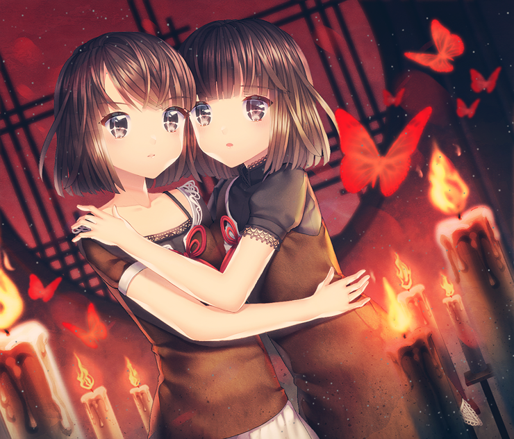 2girls amakura_mayu amakura_mio black_shirt blunt_bangs brown_hair bug butterfly candle fatal_frame fatal_frame_2 hug incest insect multiple_girls red_butterfly saban shirt short_hair siblings sisters twins yuri