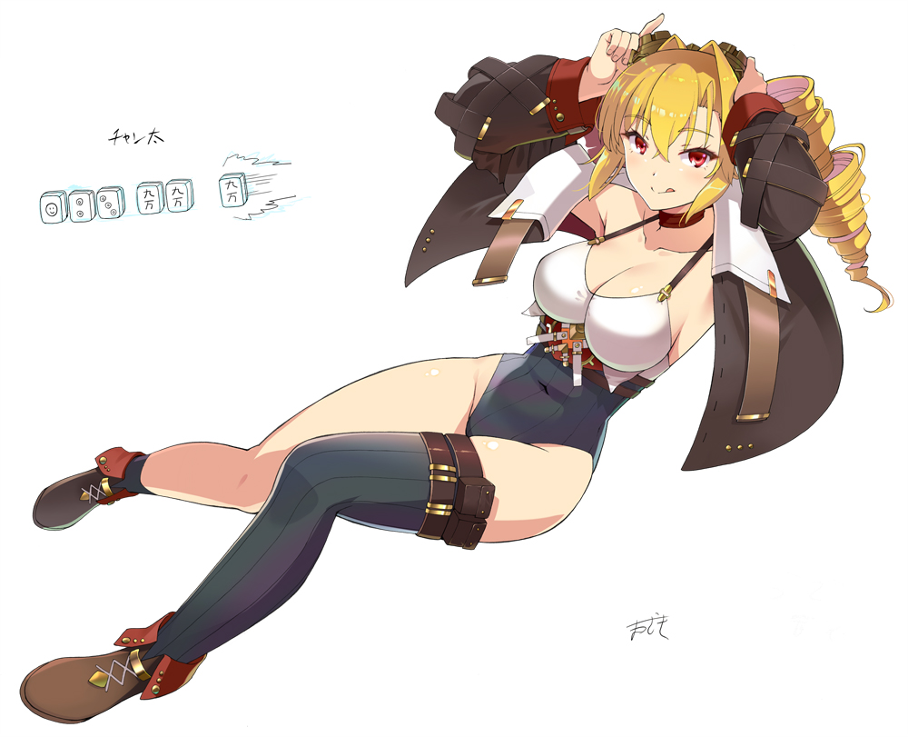 1girl :q arms_up asymmetrical_legwear black_shorts black_socks black_thighhighs blonde_hair breasts brown_jacket brown_shoes cleavage closed_mouth commentary_request drill_hair full_body hair_intakes highleg_shorts jacket long_hair looking_at_viewer mahjong mahjong_soul mahjong_tile matsuzaki_yutaka mirai_(mahjong_soul) open_clothes open_jacket red_eyes shirt shoes shorts simple_background sleeveless sleeveless_shirt smile socks solo thighhighs tongue tongue_out twin_drills uneven_legwear white_background white_shirt