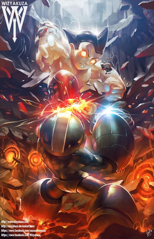 2boys android arm_cannon atom_(tetsuwan_atom) battle crossover damaged debris duel energy glowing glowing_eyes mega_man_(character) mega_man_(classic) mega_man_(series) multiple_boys robot ruins science_fiction signature tetsuwan_atom thrusters watermark weapon web_address wizyakuza