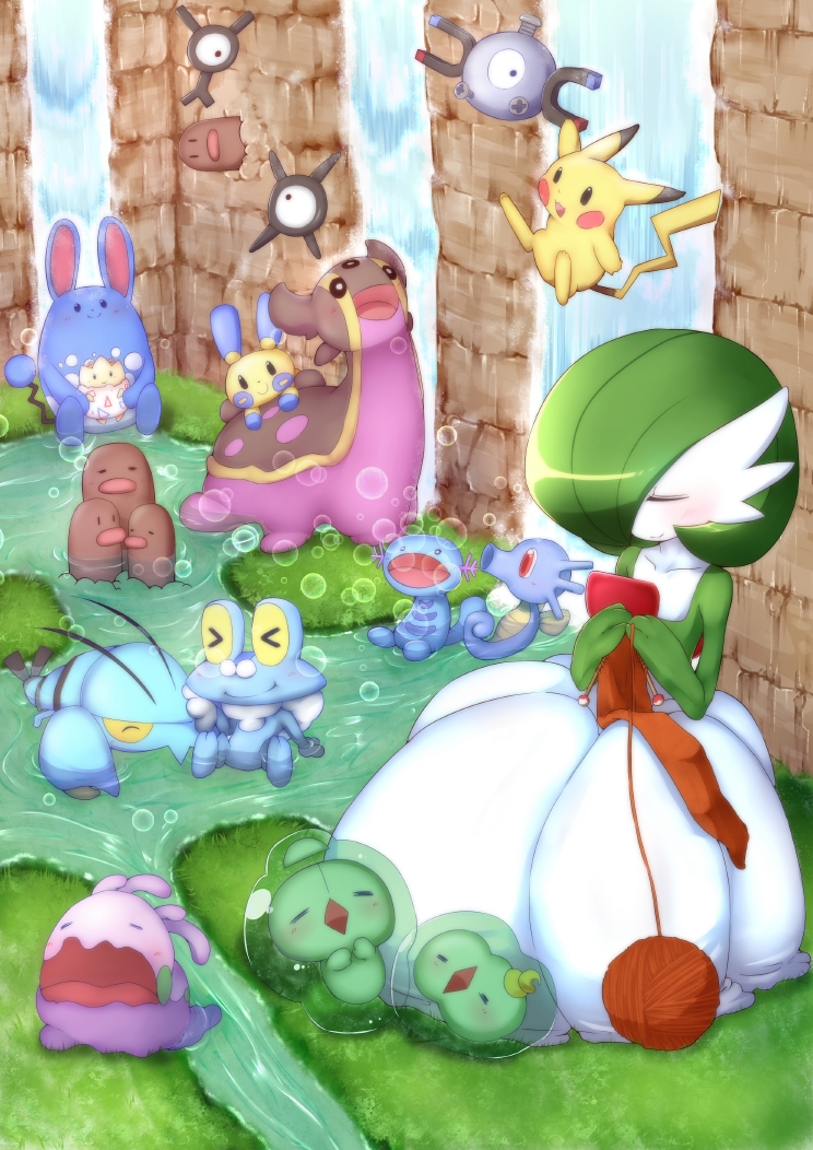 azumarill black_eyes bob_cut bubble clauncher closed_eyes diglett dress dugtrio duosion froakie game_freak gardevoir gastrodon gastrodon_(west) gen_1_pokemon gen_2_pokemon gen_3_pokemon gen_4_pokemon gen_5_pokemon gen_6_pokemon goomy grass green_hair hair_over_one_eye horsea knitting knitting_needle magnemite minun needle nintendo open_mouth pikachu pokemon pokemon_(creature) red_eyes smile solosis togepi unown unown_x unown_y water waterfall white_dress wooper yarn yarn_ball yawning yu_yun