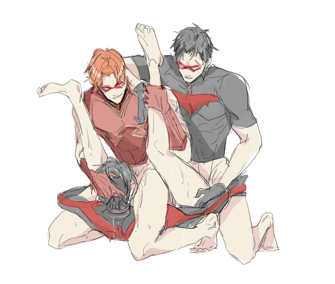3boys anal arsenal_(dc) batman_(series) black_hair dc_comics dick_grayson double_penetration fellatio group_sex jason_todd male_focus male_penetrated mask mmm_threesome multiple_boys nightwing oral red_hair red_hood_(dc) robin_(dc) roy_harper sex sweat threesome yaoi