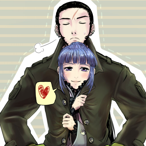 1boy 1girl ange_serena beard blue_hair blush capelet coat dress earrings closed_eyes facial_hair frills gloves jewelry lips ponytail purple_eyes ribbon ricardo_soldato scar short_hair smile tales_of_(series) tales_of_innocence