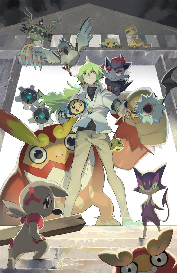 1boy beige_pants commentary darmanitan darumaka e_volution from_below gen_5_pokemon green_footwear green_hair hair_between_eyes jewelry joltik klink long_hair n_(pokemon) necklace nintendo pidove pokemon pokemon_(creature) pokemon_bw purrloin scraggy shoes sigilyph smile spread_fingers stairs standing teeth timburr tympole woobat zorua