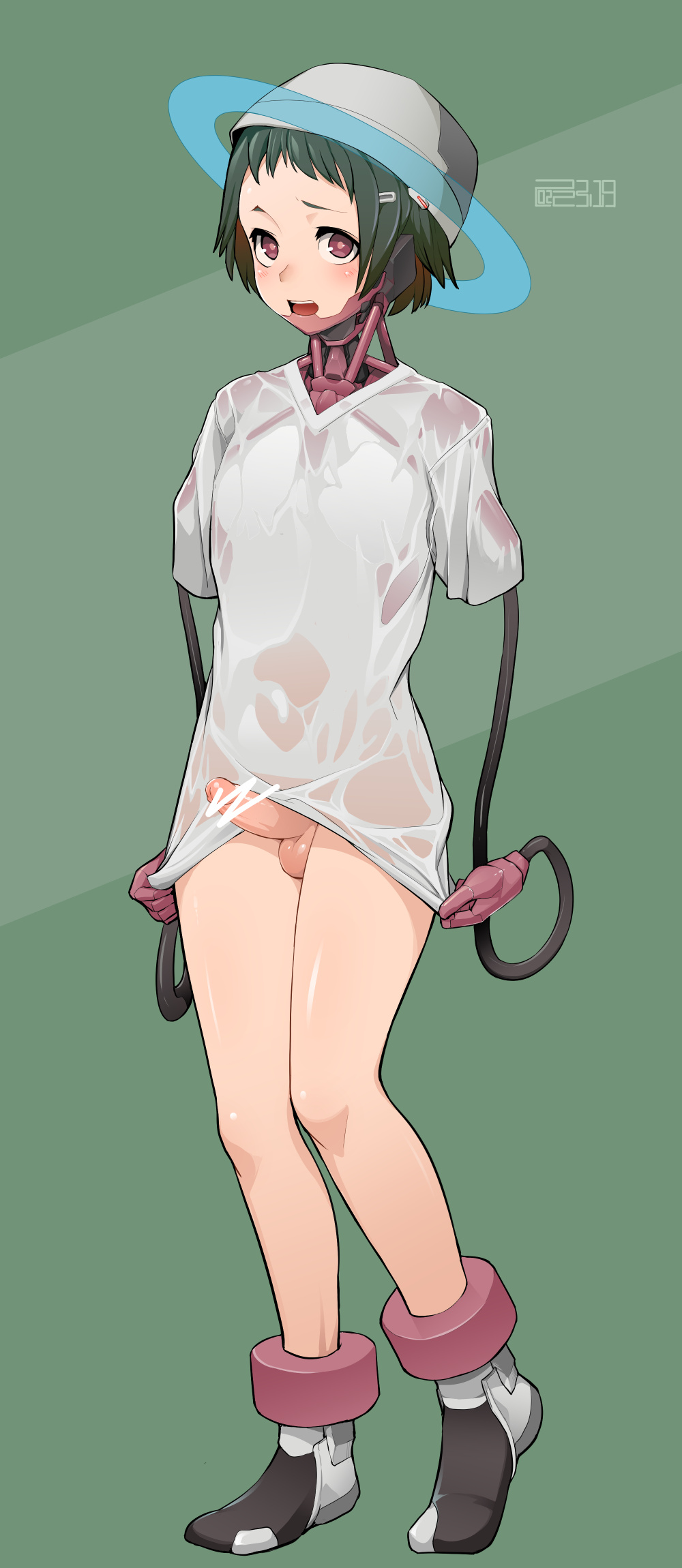 1boy bad_id bad_pixiv_id bar_censor blush censored cyborg erection full_body green_background green_hair hair_ornament hairclip hat highres kinoseihunmatsu looking_at_viewer male_focus mecha_danshi mechanical_arms open_mouth original penis red_eyes shirt short_hair solo standing testicles trap wet wet_clothes wet_shirt