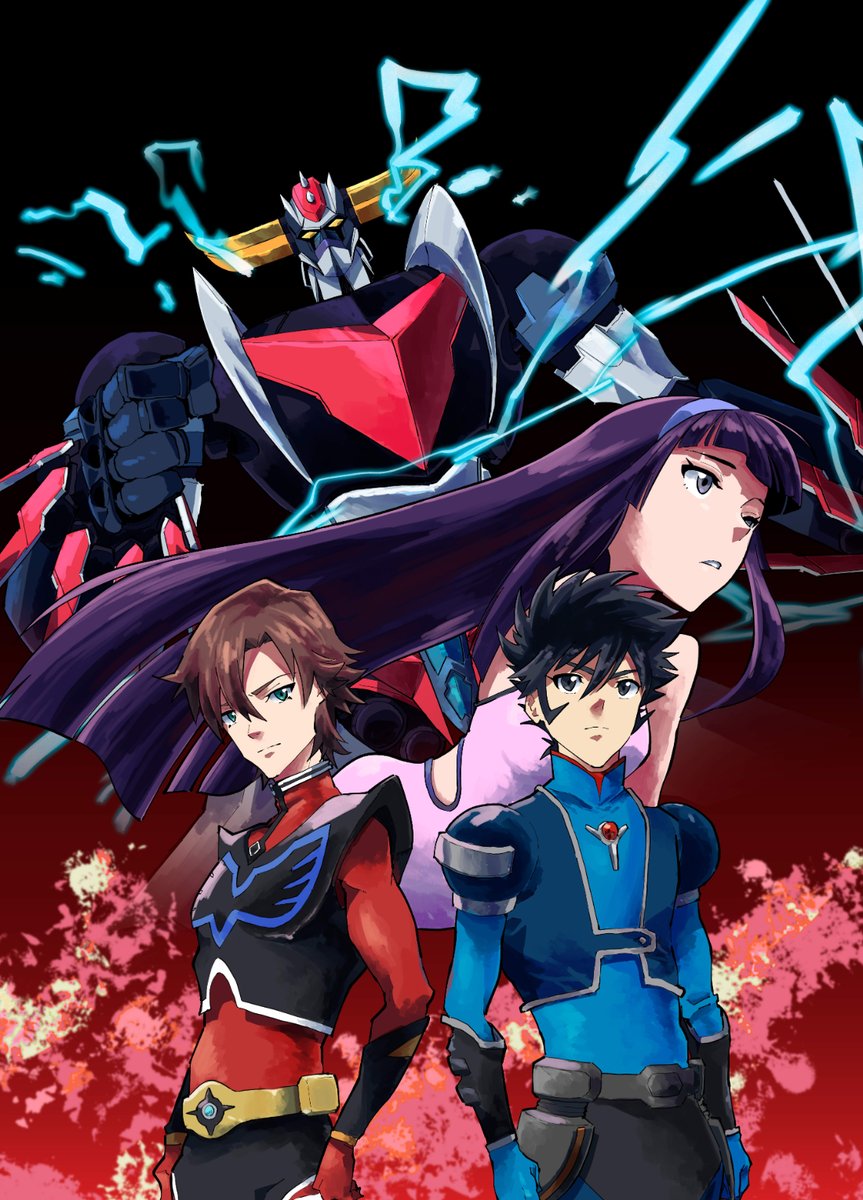 1girl 2boys artist_request black_eyes black_hair blue_eyes brown_hair clenched_hands commentary_request duke_fleed grendizer grendizer_(grendizer_u) grendizer_u grey_eyes highres horns kabuto_kouji lightning long_hair looking_at_viewer mazinger_(series) mecha multiple_boys no_humans pilot_suit pilot_uniform purple_hair redesign robot short_hair sideburns skin_tight super_robot ufo_robo_grendizer yumi_sayaka