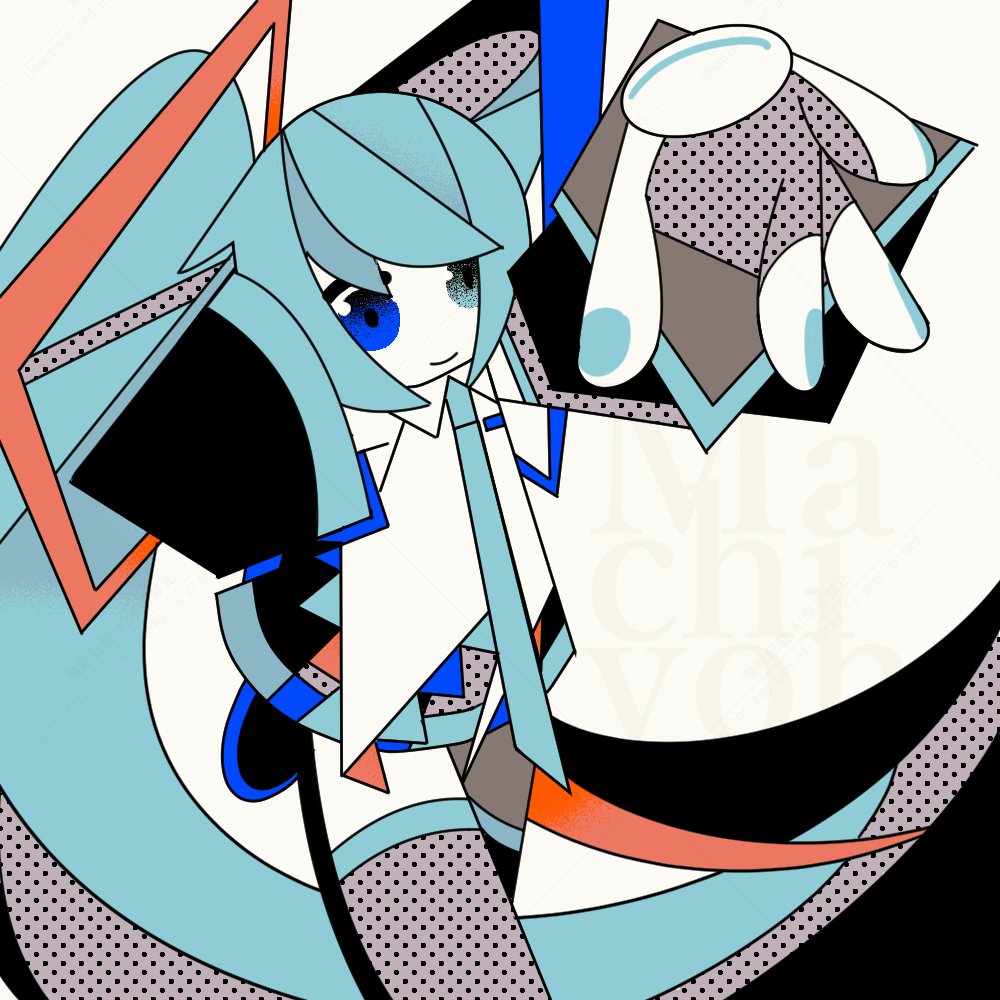 1girl aqua_hair aqua_necktie black_sleeves blue_eyes closed_mouth cowboy_shot halftone hand_up hashtag-only_commentary hatsune_miku long_hair machigami_yoh miniskirt necktie skirt smile solo standing thighhighs very_long_hair vocaloid