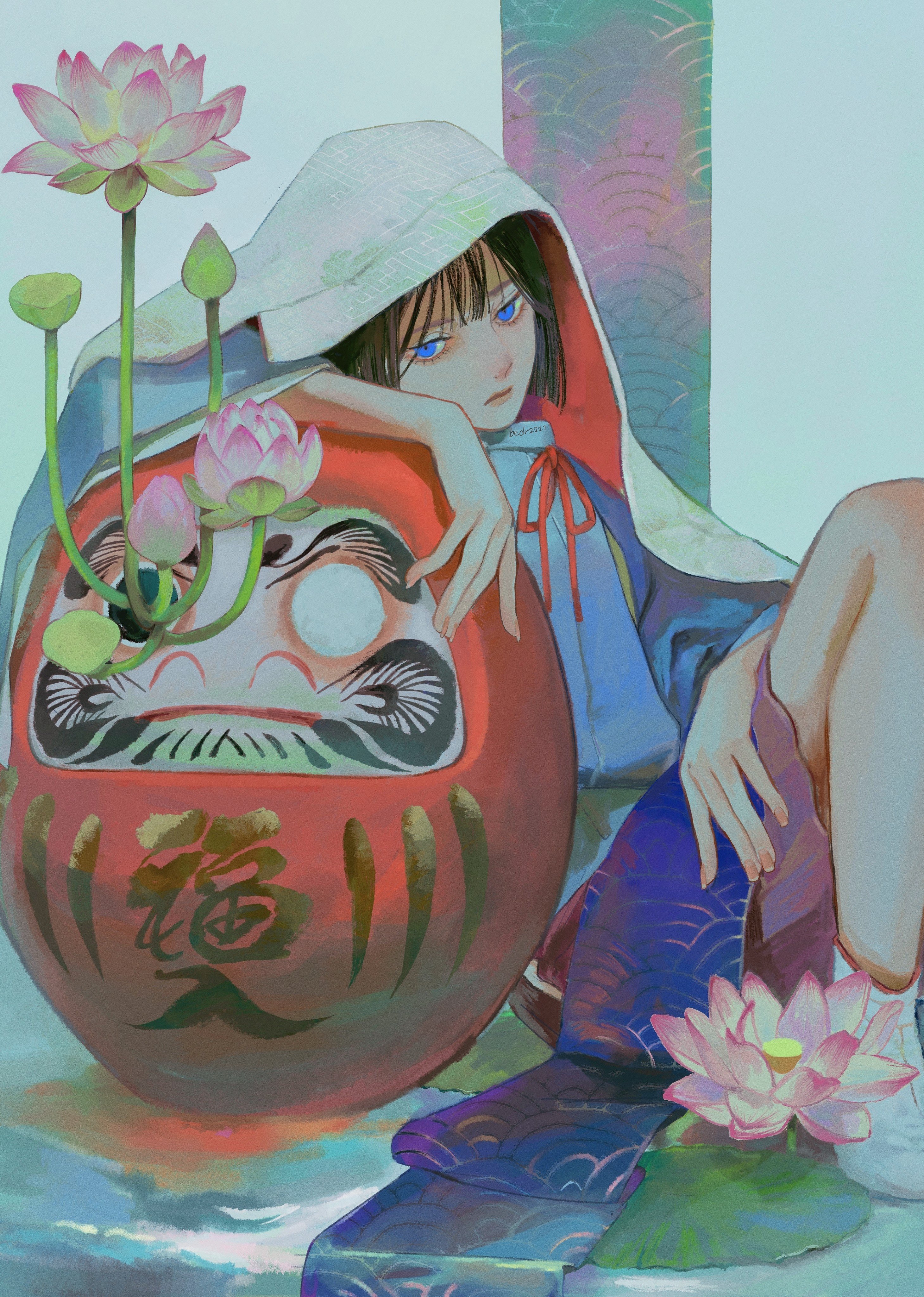 1girl absurdres androgynous arm_rest bedr2221 blue_eyes blue_sash blunt_bangs choppy_bangs closed_mouth daruma_doll expressionless feet_out_of_frame flower furisode_sleeves good_fortune_symbol grey_background hand_on_own_opposite_thigh hand_on_own_thigh hand_up highres japanese_clothes jitome kariginu knee_up looking_at_viewer looking_to_the_side lotus lower_eyelashes_only neck_ribbon on_floor original painterly pink_flower pink_skirt plant_growth pleated_skirt realistic red_ribbon ribbon sash seigaiha shirt short_hair sideways_glance sitting skirt three-quarter_sleeves three_quarter_view twitter_username veil white_footwear white_shirt white_veil