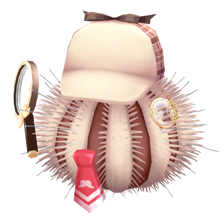 3d animalization bow brown_bow brown_hat commentary deerstalker english_commentary hat hat_bow hololive hololive_english magnifying_glass monocle necktie official_art plaid_hat pyroxene red_necktie sea_urchin transparent_background virtual_youtuber watson_amelia watson_amelia_(1st_costume)