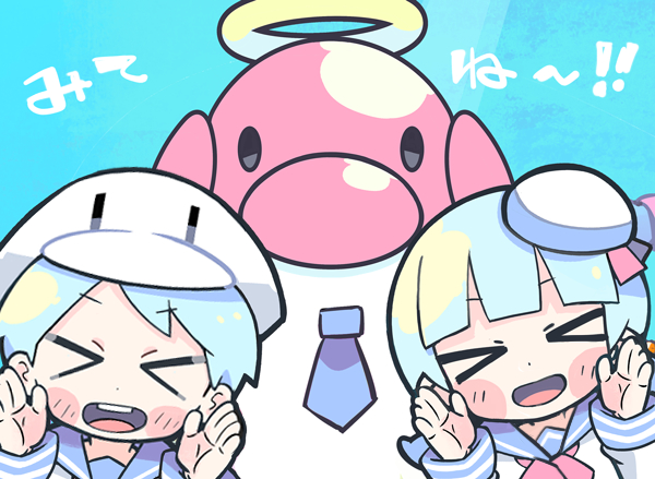 &gt;_&lt; 1boy 1girl animal_hat black_eyes blue_background blue_hair blue_necktie blue_sailor_collar blunt_bangs blush_stickers buck_teeth character_request collared_shirt commentary_request copyright_request dolphin duck_hat halo hands_on_own_cheeks hands_on_own_face hands_on_own_head hat hat_ribbon long_sleeves low_twintails mini_hat neckerchief necktie open_mouth red_neckerchief red_ribbon ribbon sailor_collar sailor_hat sailor_shirt shirt short_hair short_twintails simple_background sleeves_past_wrists smile solid_oval_eyes straight-on teeth terada_tera translation_request twintails upper_body upper_teeth_only white_headwear white_shirt white_sleeves yellow_halo