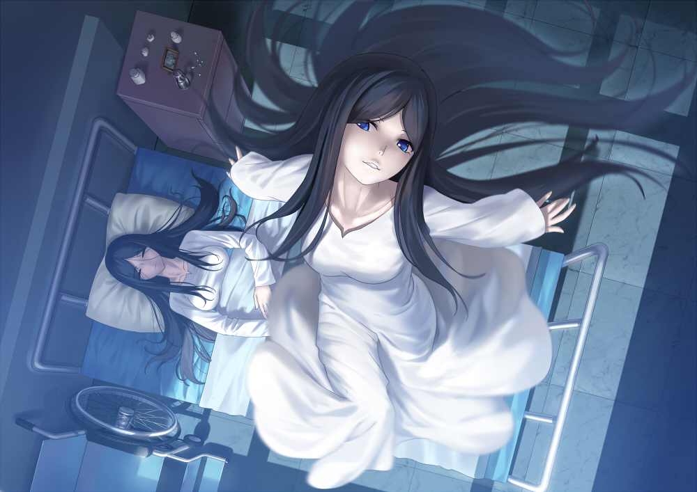 2girls bed black_hair blue_eyes closed_eyes collarbone drawing_(object) dual_persona floating from_above fujou_kirie ghost hospital hospital_bed hospital_gown kara_no_kyoukai long_hair looking_at_viewer lying multiple_girls pillow tsukikanade very_long_hair wheelchair
