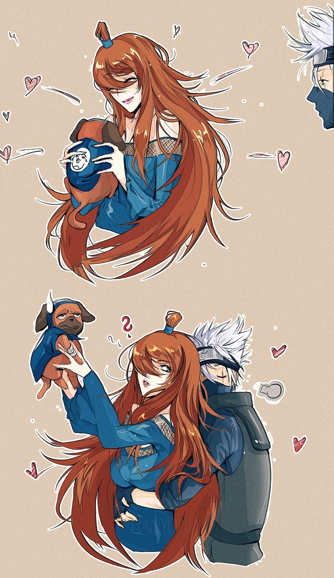1boy 1girl animal bare_shoulders blue_dress breasts brown_hair closed_eyes closed_mouth dog dress fingerless_gloves forehead gloves green_eyes grey_hair hair_between_eyes hanyouda hatake_kakashi heart hetero holding holding_animal holding_dog hug hug_from_behind long_hair long_sleeves looking_at_another mask mouth_mask naruto_(classic) naruto_(series) naruto_shippuuden pakkun_(naruto) pink_lips scar scar_across_eye scar_on_face smile strapless strapless_dress terumi_mei upper_body very_long_hair