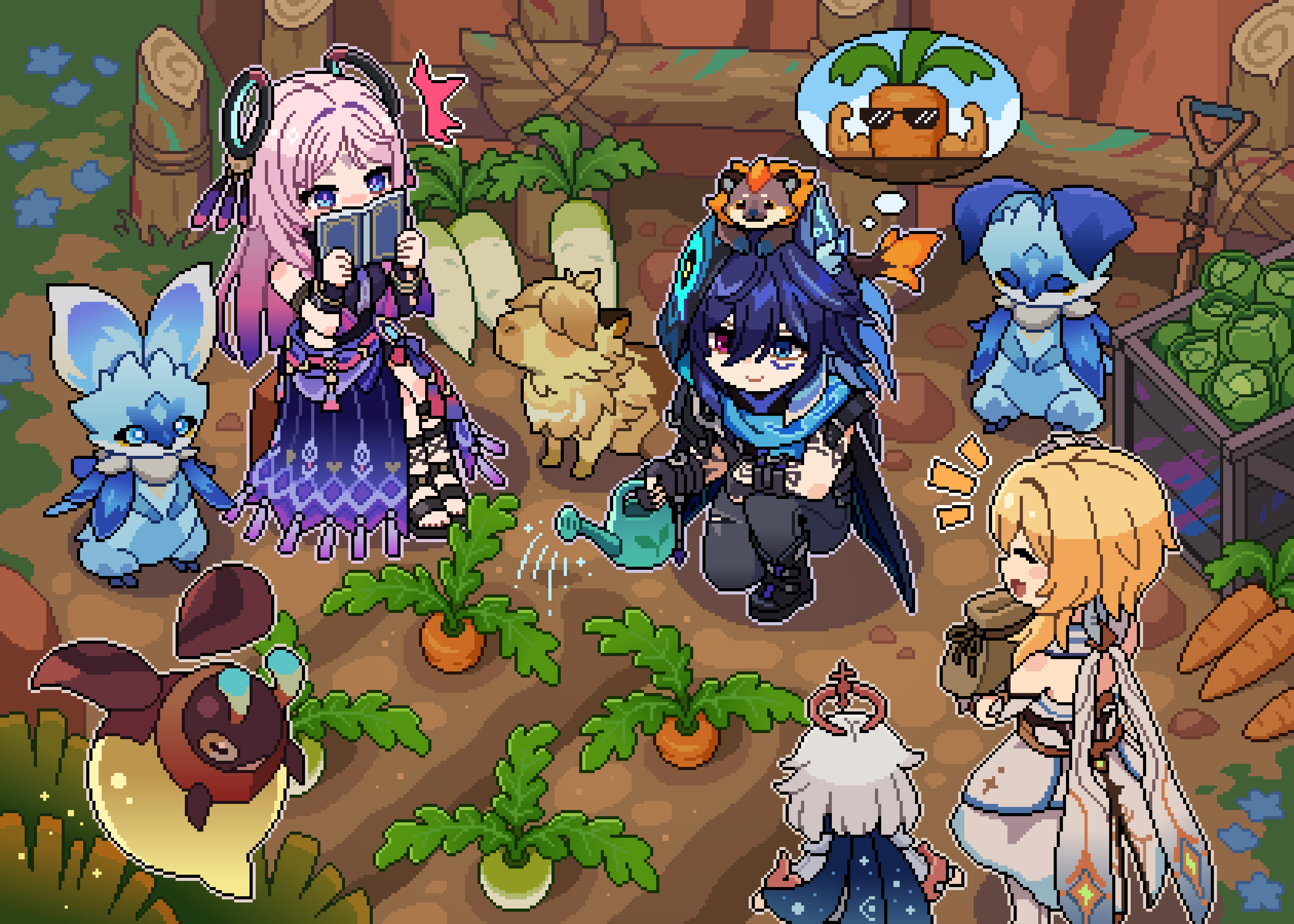 1boy 3girls :d ^^^ absurdres bare_shoulders black_pants blonde_hair blue_cape blue_eyes blue_hair blue_hood book cabbage cape capybara_(genshin_impact) carrot citlali_(genshin_impact) closed_eyes closed_mouth commentary day dress english_commentary genshin_impact grandmother_and_grandson hair_between_eyes hair_ornament halo heterochromia highres holding holding_book holding_watering_can hood hood_up iktomisaurus_(genshin_impact) kneeling long_hair lumine_(genshin_impact) multicolored_hair multiple_girls notice_lines on_one_knee open_mouth ororon_(genshin_impact) outdoors paimon_(genshin_impact) pants pink_hair pink_pupils pixel_art ppyok_1017 purple_hair radish red_eyes short_hair_with_long_locks sitting smile speech_bubble thought_bubble very_long_hair watering watering_can white_dress white_hair