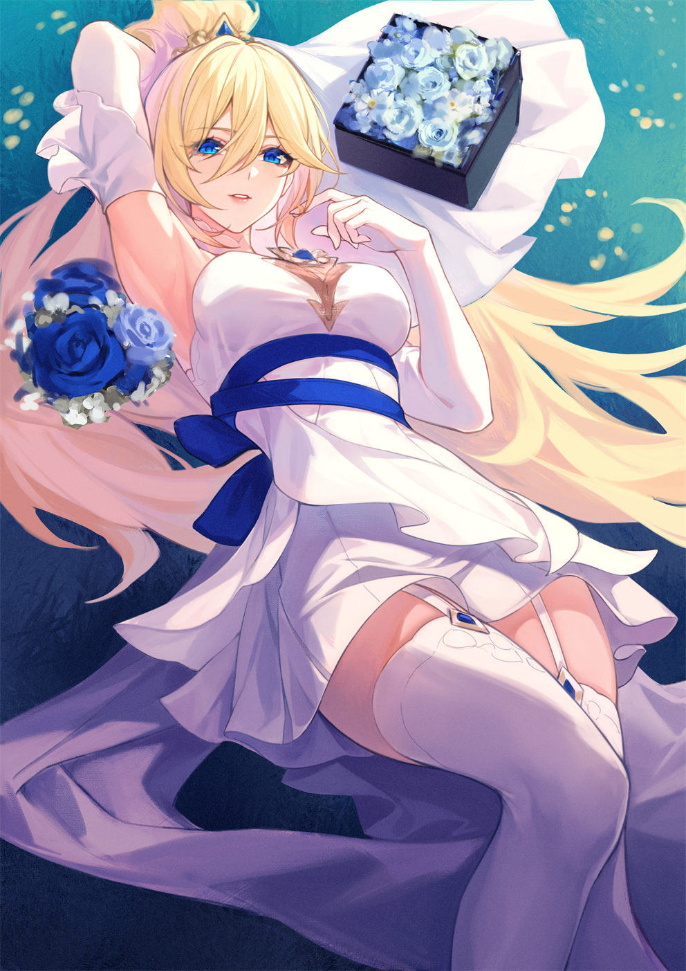 1girl alternate_costume arm_up armpits blonde_hair blue_eyes blue_ribbon breasts cowboy_shot crown dress durandal_(dea_anchora)_(honkai_impact) durandal_(honkai_impact) durandal_(stellar_promise)_(honkai_impact) elbow_gloves feet_out_of_frame flower_box garter_straps gloves grass hair_between_eyes hair_spread_out highres honkai_(series) honkai_impact_3rd large_breasts looking_at_viewer lying red-d ribbon solo thighhighs white_dress white_gloves zettai_ryouiki