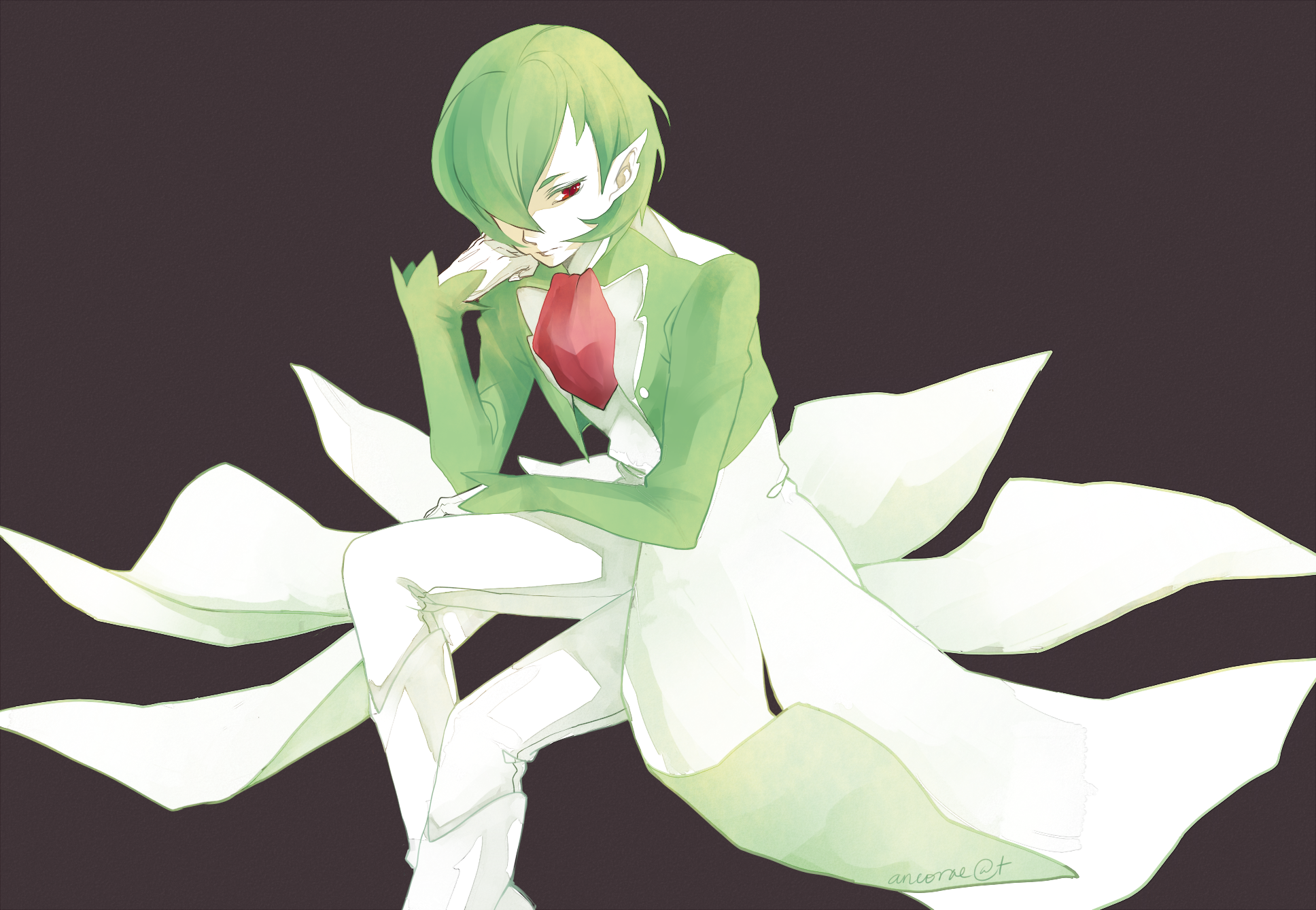 1boy ancorae androgynous arm_on_own_leg arm_on_thigh arm_rest ascot boots brown_background clenched_hand coat coattails elbow_on_leg elbow_on_thigh facing_to_the_side gardevoir gen_3_pokemon green_coat green_hair hair_over_one_eye hand_on_own_cheek hand_on_own_chin hand_on_own_face hand_rest head_rest highres humanization invisible_chair knee_boots looking_to_the_side male_focus nintendo one_eye_covered open_clothes open_coat pants pointy_ears pokemon red_ascot red_eyes sitting vest waistcoat white_boots white_coat white_pants