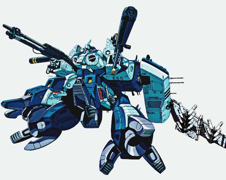 1980s_(style) beam_rifle cannon energy_gun gun gunpod kikou_souseiki_mospeada legioss mecha missile mospeada no_humans official_art oldschool production_art promotional_art retro_artstyle rifle robot scan simple_background stick_bernard traditional_media tread weapon