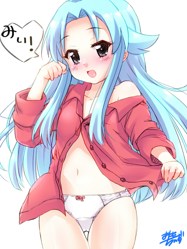 1girl :d black_eyes blue_hair bow bow_panties dress_shirt female_focus haiyore!_nyaruko-san long_hair looking_at_viewer navel no_pants off_shoulder omochi_(chirori01) open_mouth panties personification red_shirt shantak_(nyaruko-san) shirt signature sleeves_rolled_up smile solo underwear white_panties