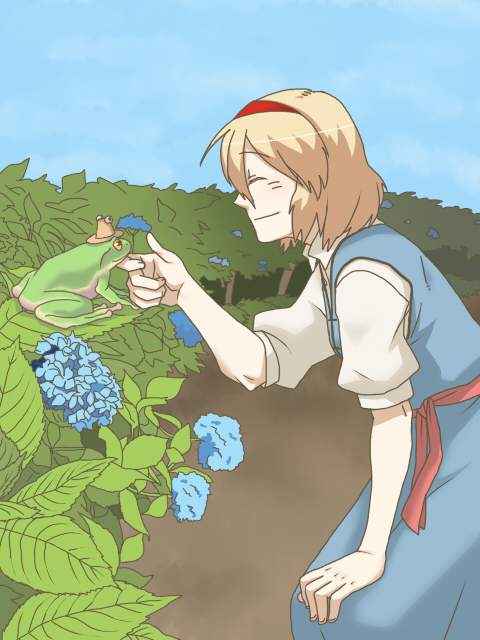 1girl alice_margatroid animalization blonde_hair closed_eyes female_focus flower frog hairband hydrangea moriya_suwako moriya_suwako_(frog) short_hair torinone touhou