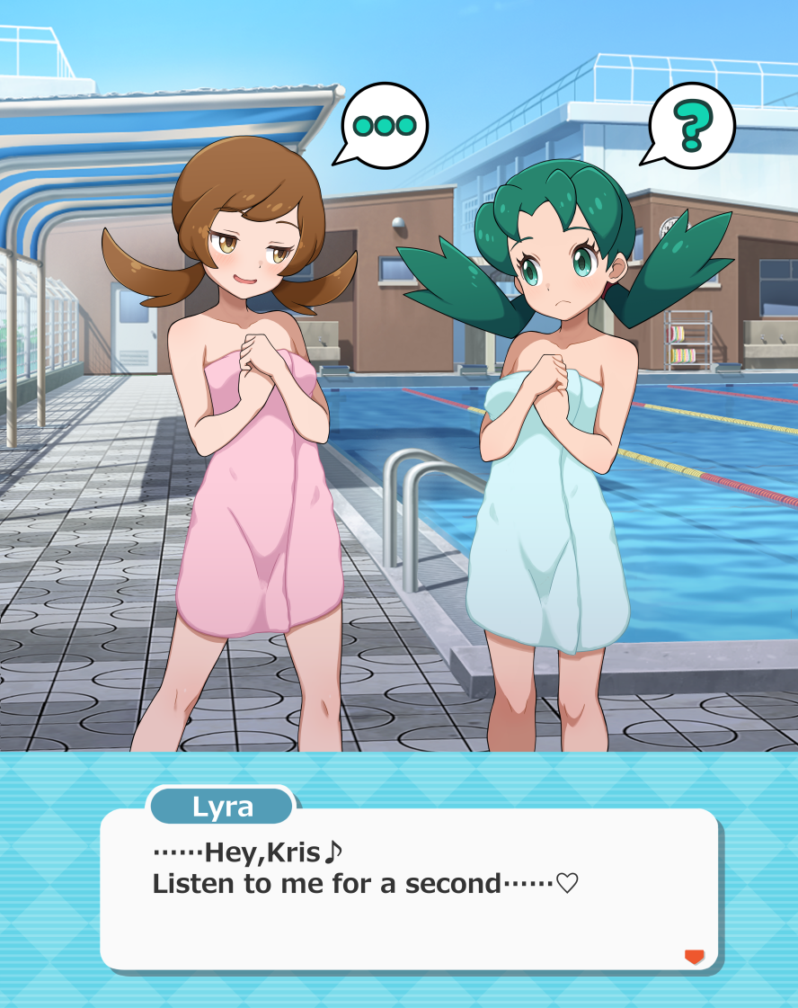 ... 2girls ? blue_sky brown_eyes brown_hair character_name creatures_(company) english_text female_focus game_freak green_eyes green_hair heart in-franchise_crossover kohatsuka kris_(pokemon) looking_at_another lyra_(pokemon) matching_hair/eyes multiple_girls musical_note naked_towel nintendo outdoors paid_reward_available pokemon pokemon_gsc pokemon_hgss pokemon_masters_ex pool poolside sky spoken_heart standing towel twintails variant_set