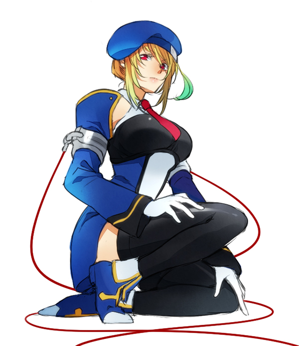 1girl alternate_breast_size arc_system_works bad_id bad_pixiv_id blazblue blonde_hair blue_skirt cosplay detached_sleeves female_focus gloves gradient_hair green_hair kazu_sanbon look-alike milla_maxwell miniskirt multicolored_hair necktie noel_vermillion noel_vermillion_(cosplay) red_eyes skirt solo tales_of_(series) tales_of_xillia thighhighs