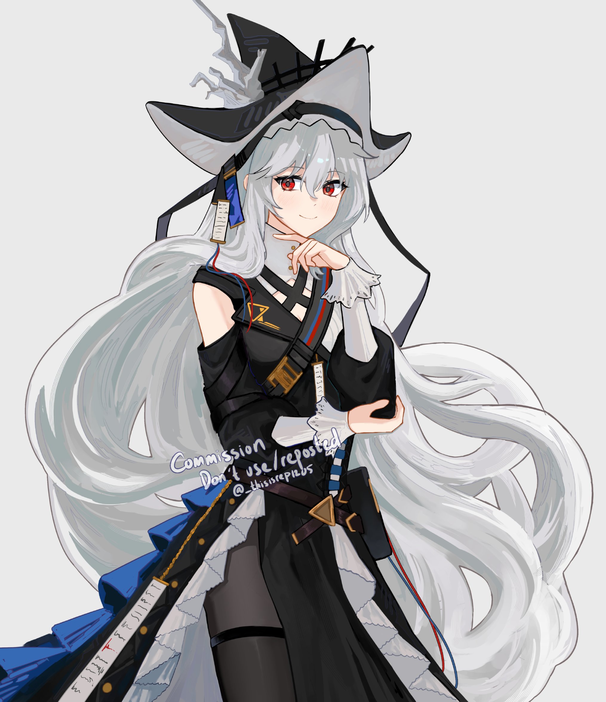 1girl arknights bare_shoulders black_hat black_pantyhose blush breasts cleavage closed_mouth commentary commission cowboy_shot english_commentary grey_background grey_hair grey_hat hair_between_eyes hand_on_own_chin hand_on_own_elbow hat highres long_hair long_sleeves looking_at_viewer medium_breasts pantyhose red_eyes rep120105 revision simple_background smile solo specter_(arknights) specter_the_unchained_(arknights) standing twitter_username two-sided_fabric two-sided_headwear watermark
