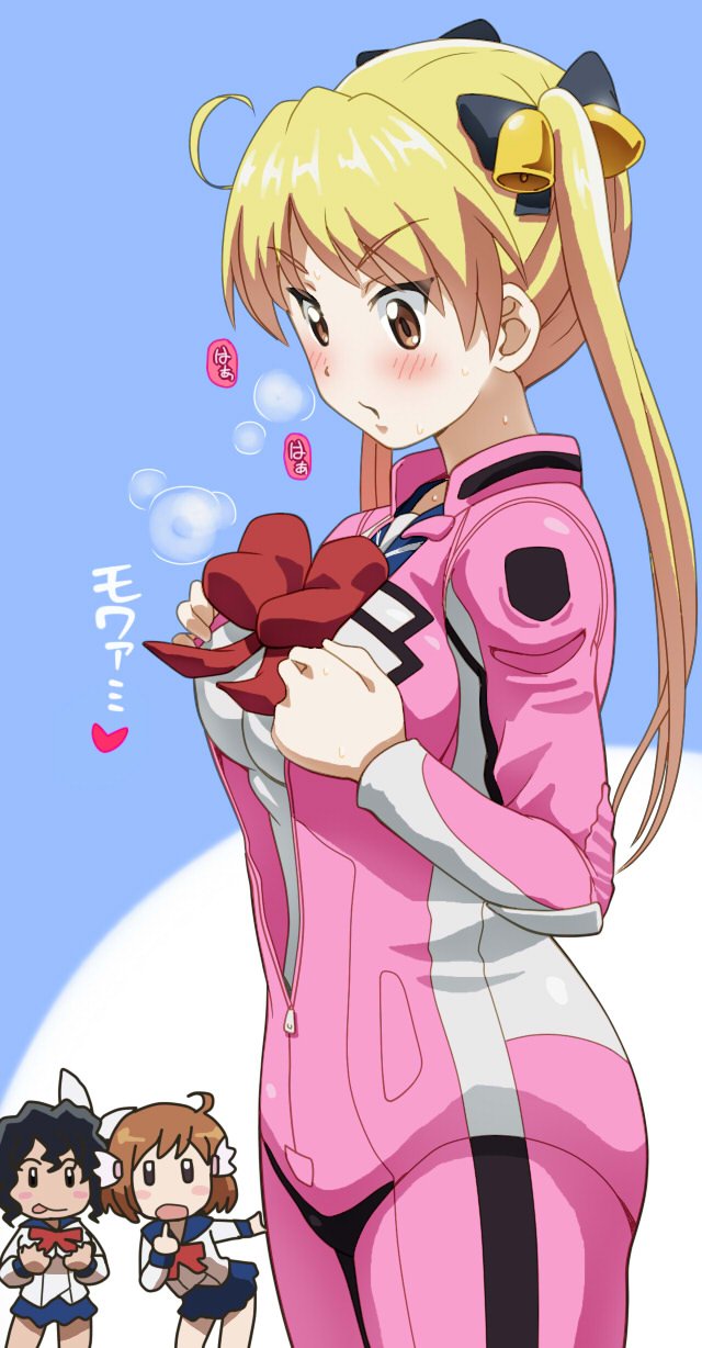 3girls awa bakuon!! bell biker_clothes bikesuit blonde_hair bodysuit breasts closed_mouth hair_bell hair_ornament highres large_breasts long_hair medium_hair multiple_girls open_mouth pink_bodysuit short_hair simple_background smile suzunoki_rin twintails