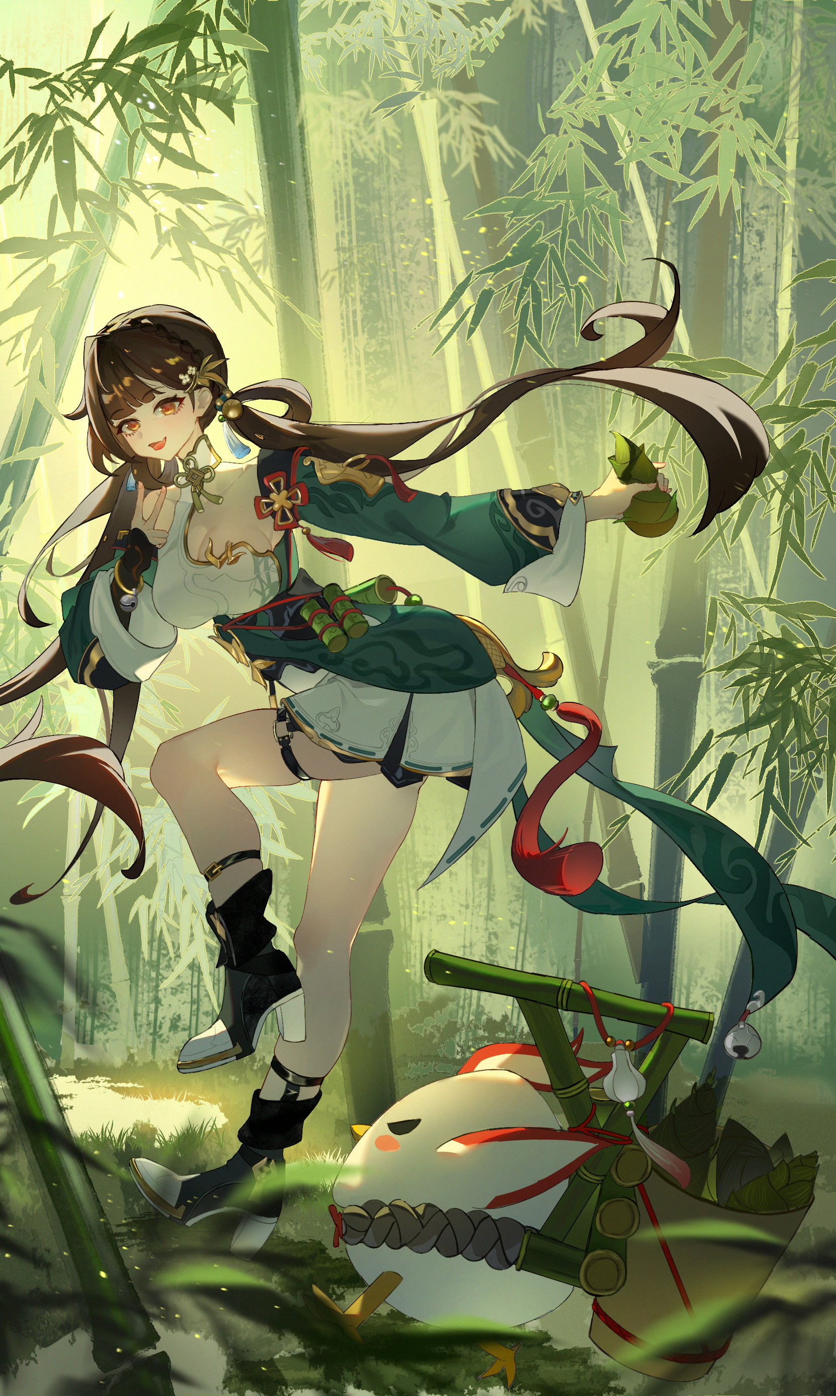 1girl absurdres ankle_belt ankle_strap aqua_dress black_boots black_gloves boots breasts brown_hair china_dress chinese_clothes cleavage detached_sleeves dress fingerless_gloves floating_hair full_body gloves green_dress highres holding honkai_(series) honkai_impact_3rd li_sushang li_sushang_(peregrine_sword) long_hair long_sleeves looking_at_viewer open_mouth outdoors red_pupils single_glove smile solo standing standing_on_one_leg twintails yuan_zhen