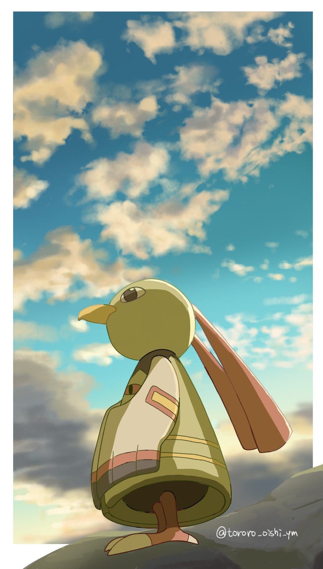 beak bird black_eyes blue_sky cloud gen_2_pokemon highres morning nintendo no_humans on_rock pokemon pokemon_(creature) pokemon_focus sky solo standing standing_on_rock talons tororo_oishi_ym twitter_username xatu
