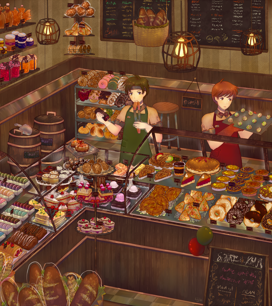 2boys absurdly_detailed_composition bad_id bad_tumblr_id bakery cake candy chocolate_icing dessert fire_emblem fire_emblem:_the_blazing_blade food icing kent_(fire_emblem) lijupy loaded_interior multiple_boys nintendo sain_(fire_emblem) shop stool sweets