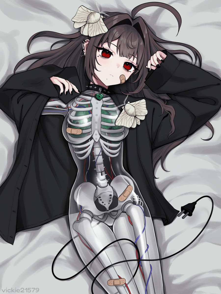 1girl ahoge android animal animal_on_head artist_name bandaid bandaid_on_cheek bandaid_on_chest bandaid_on_face black_nails black_shirt breasts brown_hair bug cable cable_tail choker circuit_board closed_mouth commentary cowboy_shot ear_piercing earrings electric_plug electric_plug_tail hair_intakes highres insect jewelry long_hair long_sleeves looking_at_another lying mechanical_tail medium_breasts mole mole_under_eye moth nail_polish navel no_nipples nude on_back on_head open_clothes open_shirt original piercing red_eyes see-through_body shirt skeleton sleeves_past_wrists solo spiked_choker spikes tail vickie_(cryingrobot) vickie_(cryingrobot)_(character)