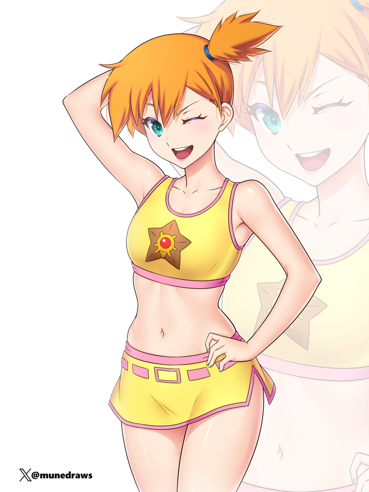 1girl ;d arm_behind_head armpits artist_name asymmetrical_hair bare_shoulders bikini blue_eyes blush breasts cowboy_shot crop_top etchimune eyelashes gen_1_pokemon green_eyes gym_leader hair_tie hand_on_own_hip legs looking_at_viewer midriff misty_(pokemon) navel nintendo one_eye_closed open_mouth orange_hair pokemon pokemon_(anime) pokemon_(classic_anime) ponytail shirt short_hair short_shorts shorts side_ponytail simple_background skirt sleeveless smile solo standing staryu suspenders swimsuit tank_top teeth thighs white_background wink yellow_shirt
