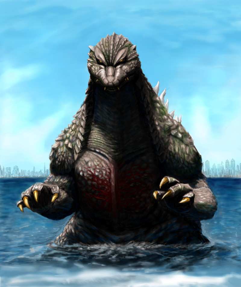 city dinosaur giant giant_monster godzilla godzilla:_tokyo_s.o.s. godzilla_(series) kaiju monster ocean realistic scar scar_on_chest sea_monster sky spikes suttoko swimming toho water