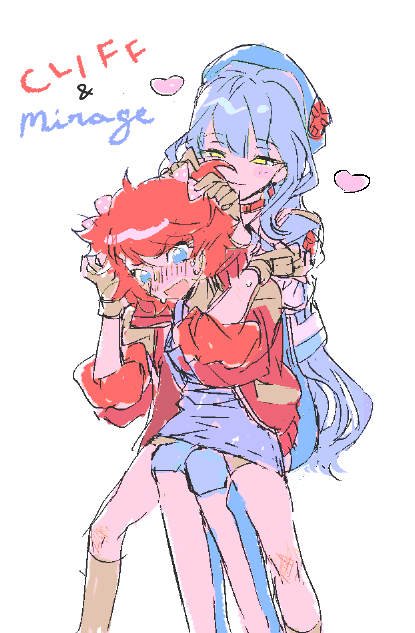 2girls annoyed beret blue_dress blue_hair blue_headwear blue_jacket blush bow brown_gloves character_name cliffjumper collar dress genderswap genderswap_(mtf) gloves hair_bow half-closed_eyes hat heart humanization jacket knee_pads long_hair mirage_(transformers) mu_(meatfriedsteak) multiple_girls nervous_sweating pink_bow polka_dot polka_dot_bow red_collar red_jacket sitting smug sweat transformers v-shaped_eyebrows very_long_hair