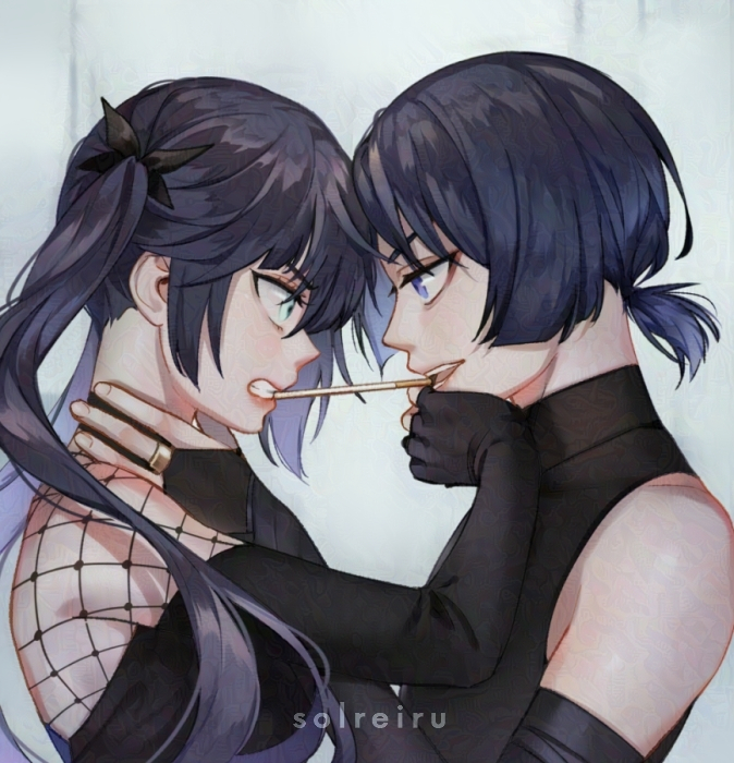 1boy 1girl alternate_costume armpit_crease artist_name black_bodysuit black_bow black_dress black_eyes black_gloves black_hair blunt_ends bodysuit bow constricted_pupils dress elbow_gloves eyeliner eyeshadow face-to-face fishnet_top fishnets food food_in_mouth from_side genshin_impact gloves green_eyes grey_background hair_bow hand_around_neck hand_on_another&#039;s_chin hand_on_another&#039;s_neck hetero looking_at_another low_ponytail makeup mona_(genshin_impact) multicolored_hair open_mouth parted_lips partially_fingerless_gloves pocky pocky_in_mouth ponytail purple_hair pushing_away pushing_face red_eyeliner red_eyeshadow scaramouche_(genshin_impact) short_ponytail sidelocks sleeveless sleeveless_bodysuit solreiru teeth tongue turtleneck turtleneck_bodysuit twintails two-tone_hair upper_body