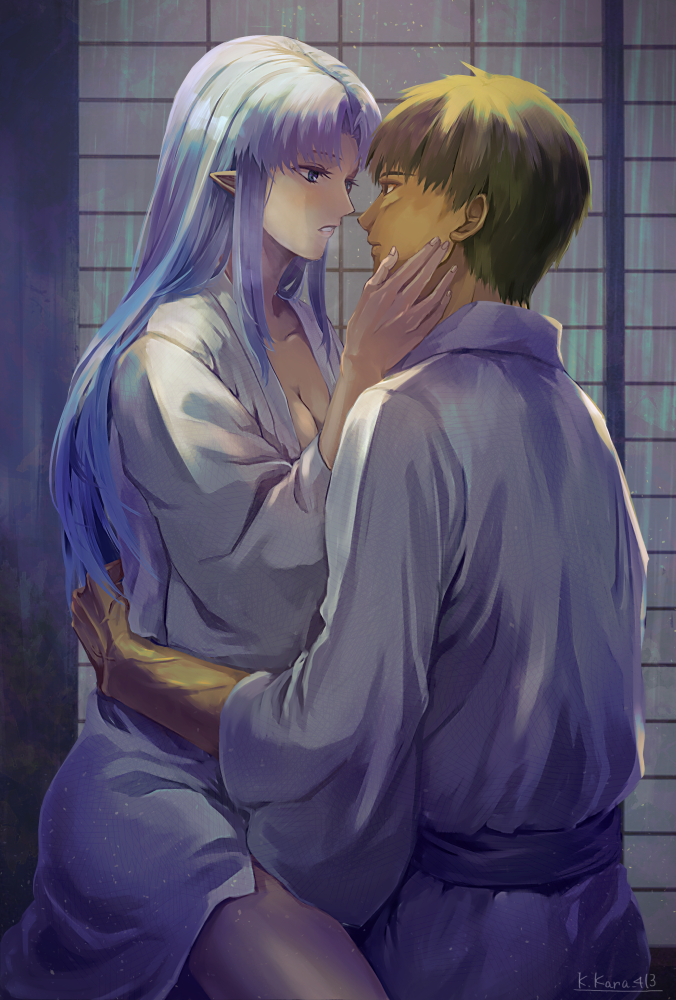 1boy 1girl blue_eyes blue_hair blush breasts brown_hair cleavage couple eye_contact fate/stay_night fate_(series) kara413 kuzuki_souichirou light_blush long_hair looking_at_another medea_(caster)_(fate) medea_(fate) pointy_ears robe white_robe