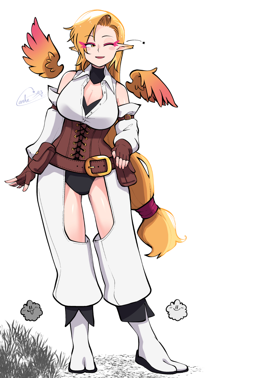 1girl belt blonde_hair blush boots breasts brown_belt brown_corset brown_gloves carte cleavage collared_shirt commentary_request corset crotchless crotchless_pants detached_sleeves detached_wings eyeliner feathered_wings fingerless_gloves fold-over_boots full_body gloves grass highres large_breasts long_hair looking_to_the_side makeup open_mouth orange_wings original pants parted_bangs pink_eyeliner pointy_ears shirt simple_background sleeveless sleeveless_shirt smile solo very_long_hair white_background white_boots white_pants white_sleeves wings wink_star