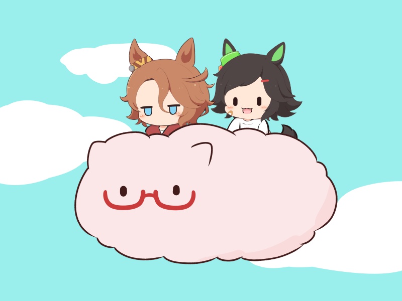 2girls :d animal_ears bandaid bandaid_on_cheek bandaid_on_face biwa_hayahide_(umamusume) black_hair blue_eyes blue_sky blush_stickers brown_hair chibi cloud day glasses gomashio_(goma_feet) hair_between_eyes hair_ornament hairclip hood hood_down hoodie horse_ears horse_girl horse_tail jitome multiple_girls narita_taishin_(umamusume) open_mouth outdoors parted_bangs red-framed_eyewear red_hoodie semi-rimless_eyewear shirt sky smile swept_bangs tail umamusume under-rim_eyewear white_shirt winning_ticket_(umamusume) |_|