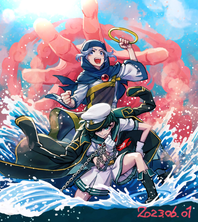 2girls anchor_symbol belt black_footwear black_jacket blue_dress blue_eyes blue_hair blue_hood blue_sky boots chain cloud cloudy_sky collared_jacket dated dress gem ghost gloves hair_over_one_eye hand_on_own_hip hands_up hat holding hood jacket jewelry kumoi_ichirin long_sleeves meimaru_inuchiyo multiple_girls murasa_minamitsu necktie open_clothes open_jacket open_mouth puffy_short_sleeves puffy_sleeves red_gemstone red_necktie ring sailor_collar sailor_hat sailor_shirt shirt short_hair short_sleeves shorts sky smile standing sun teeth tongue touhou two-tone_dress unzan v-shaped_eyebrows white_dress white_gloves white_headwear white_shirt white_shorts wide_sleeves yellow_belt